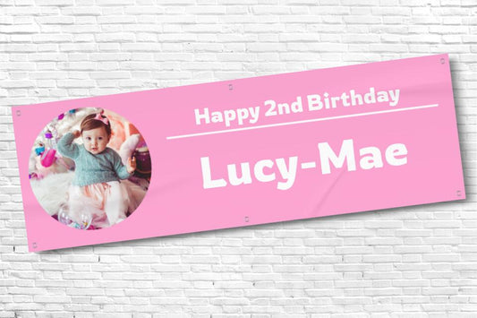 Girls pink Birthday banner with circle photo