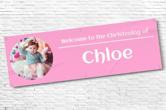 Girls baby pink christening banner