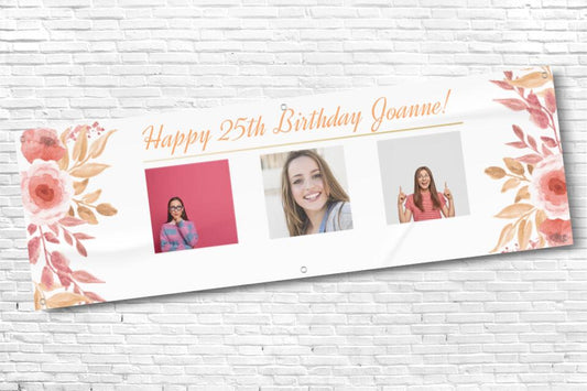 Ladies triple floral photo birthday banner