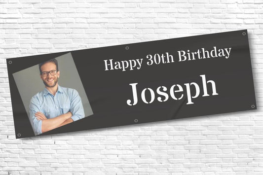 Mens black birthday banner with any photo and text