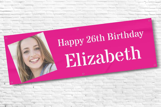 Ladies bright pink birthday banner with square photo