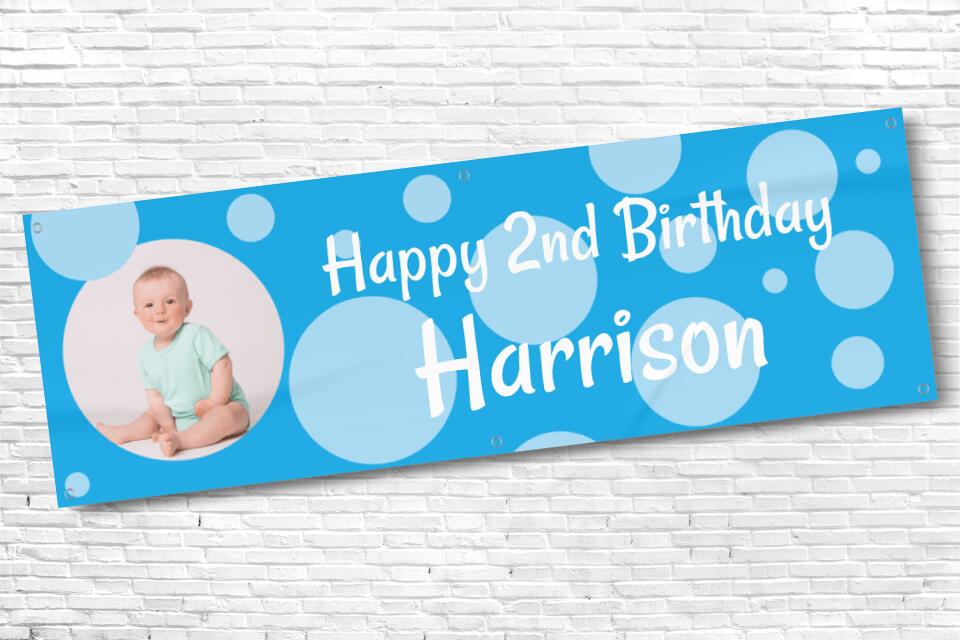 Boys blue circle birthday banner with photo