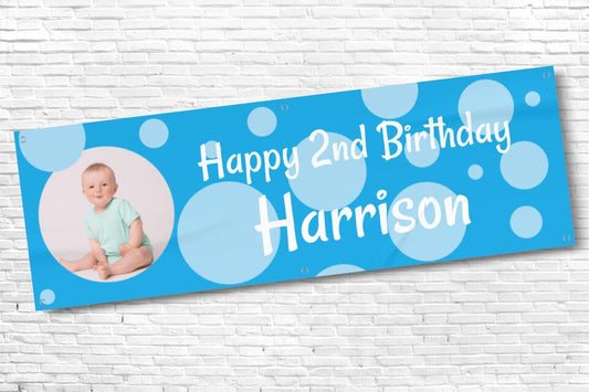 Boys blue circle birthday banner with photo