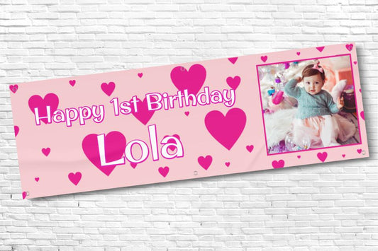 Girls pink heart birthday banner with photo