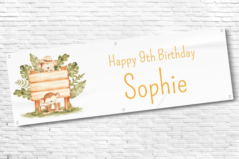 Personalised Safari Monkeys Girls Birthday Banner