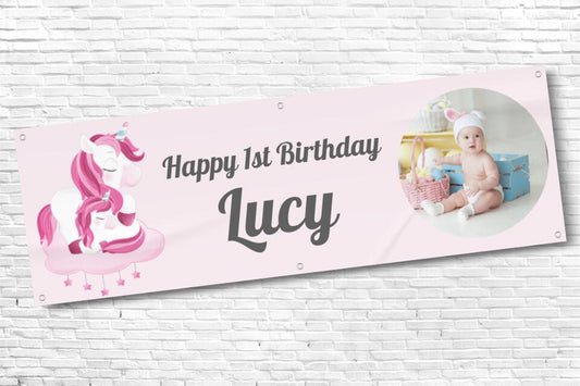 Girls baby Pink Unicorn Birthday Banner with any photo and name
