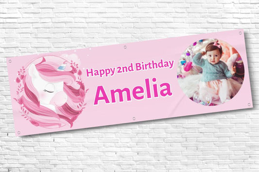 Girls Pink Unicorn Birthday Banner with any name and photo