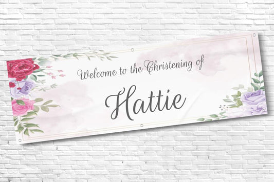 Girls Personalised Floral with Boarder Christening Banner