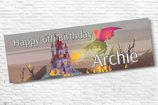 Boys Personalised Dragon and Castle Birthday Banner