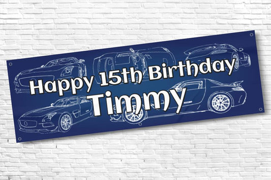 Personalised Boys and Mens Car with Navy Blue Background Birthday Banner