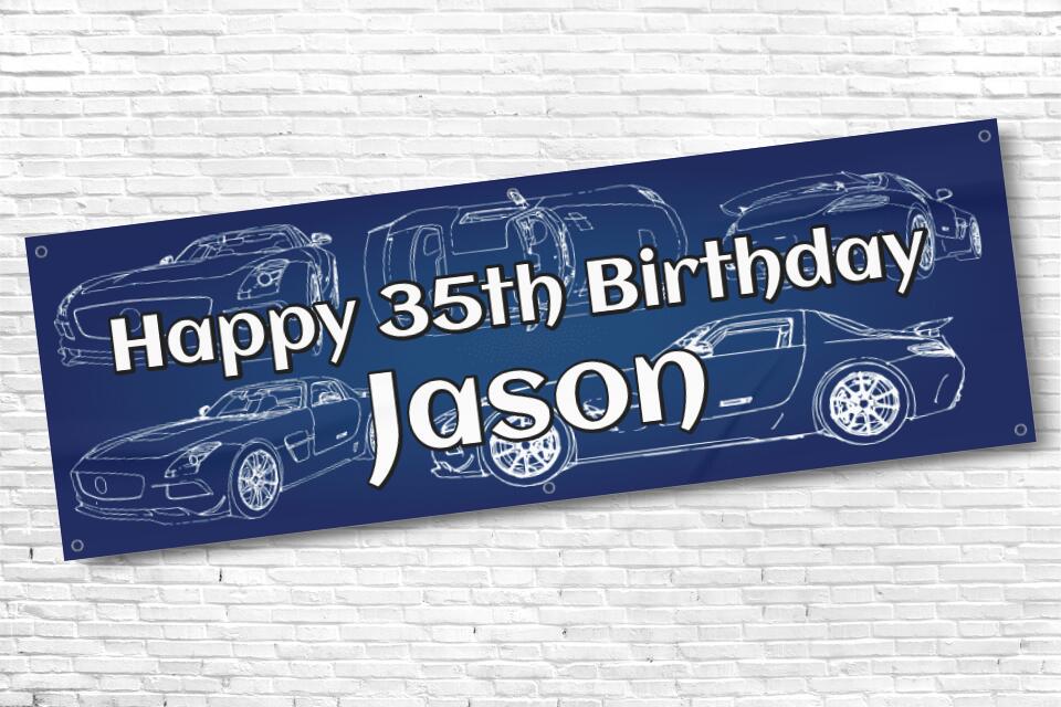 Personalised Mens Car with Navy Blue Background Birthday Banner