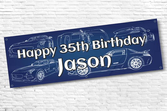Personalised Mens Car with Navy Blue Background Birthday Banner