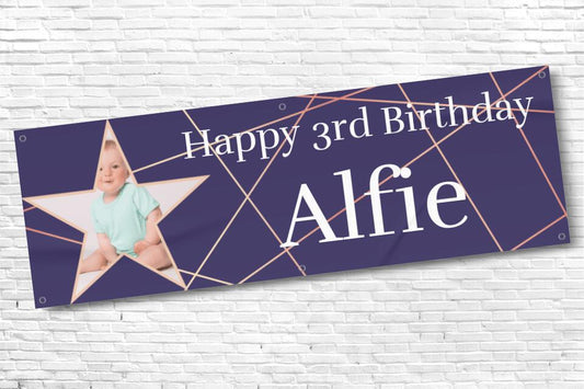 Personalised Boys Gold and Navy with Star Photo Birthday Banner