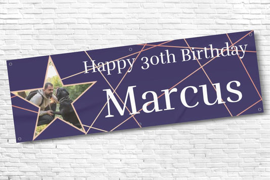Personalsied Navy and Gold Mens Birthday Banner with Star Photo