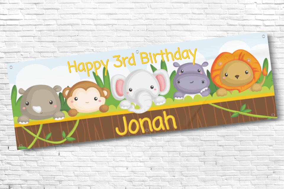 Personalised Boys Nursey Safari Animals Birthday Banner