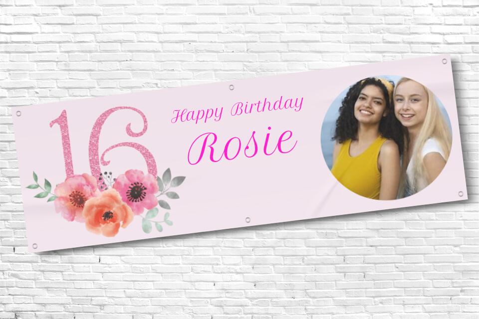 Personalised Girls Pink Sweet 16 Birthday Banner