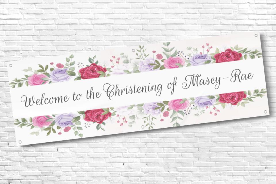 Girls Personalsied Pink and Green Floral Christening Banner