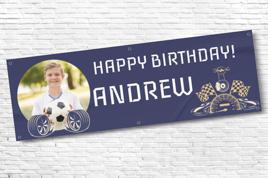 Boys Racing Car Navy Personalised Birthday Banner