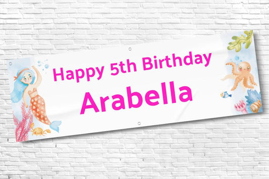 Girls Personalsied Mermaid and Sea Theme Birthday Banner Pink Text