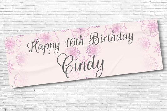 Ladies and Girls Personalised Pink Floral Birthday Banner with Age and Name