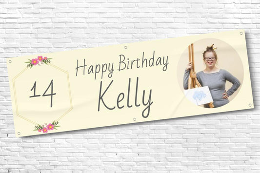 Personalised Girls and Ladies Birthday Banner with Photo Name and Age