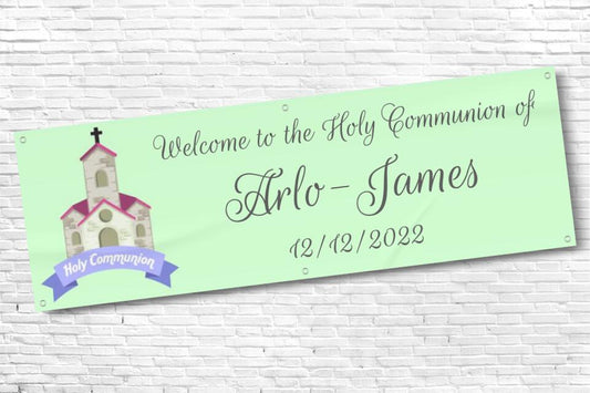 Personalised Green Holy Communion Banner with church for boys