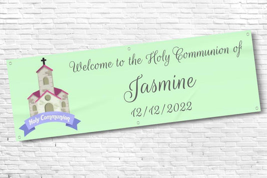 Girls Religious Ceremony Holy Communion Banner with Church
