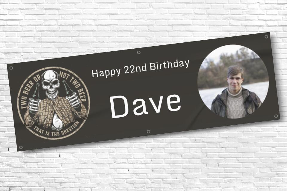 Personalised Mens Birthday Black Banner with Photo and Skelton Beer