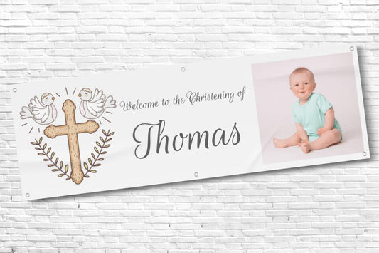 Boys Personalised Religious Ceremony Banner with Photo and Cross