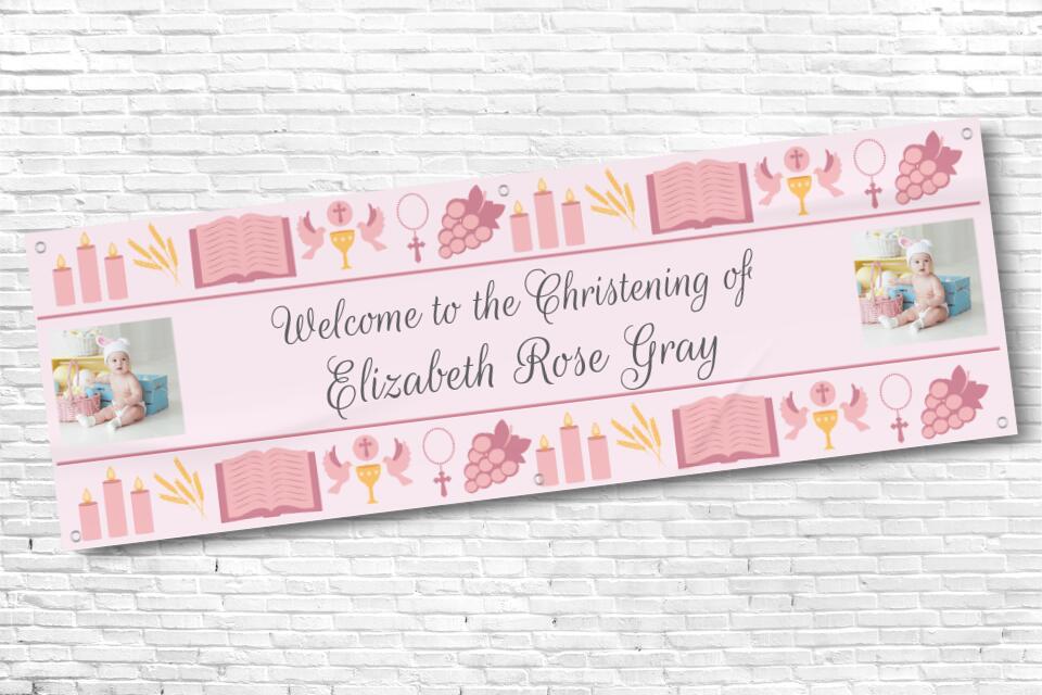 Girls Pink Twin Photo Religious Ceremony Banner