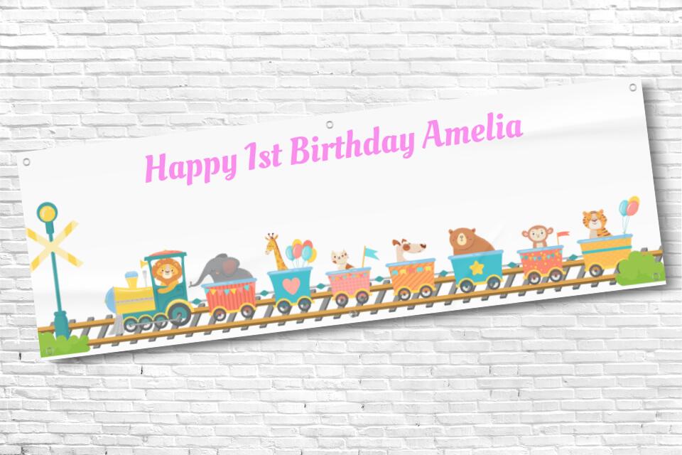 Girl's Personalised Animal Train Birthday Banner