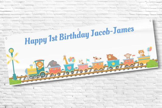 Boy's Personalised Animal Train Birthday Banner