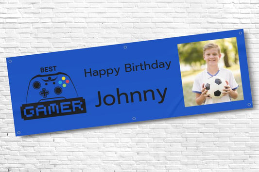 Men's and Boy's Personalised Blue Gamer Photo Birthday Banner