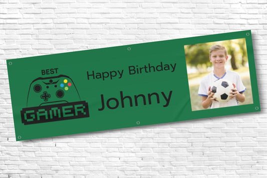 Men's and Boy's Personalised Green Gamer Photo Birthday Banner