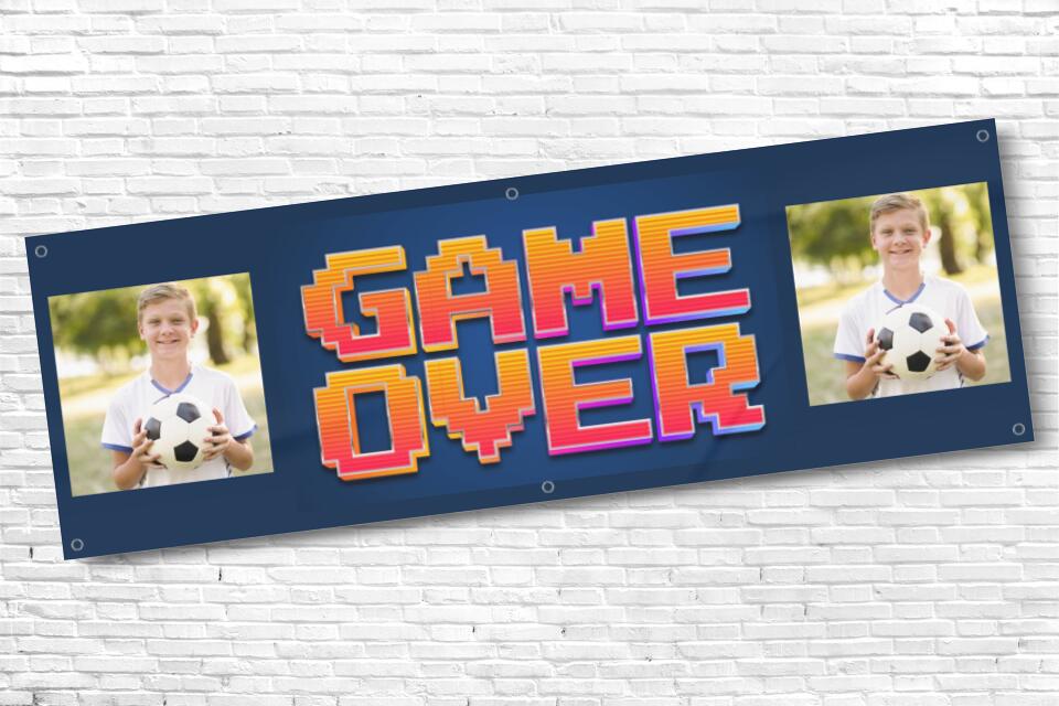 Men's and Boy's Personalised Game Over Twin Photo Birthday Banner