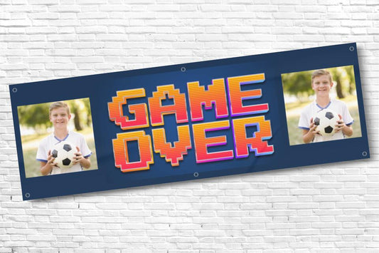 Men's and Boy's Personalised Game Over Twin Photo Birthday Banner