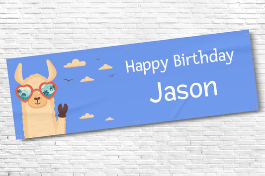 Men's and Boy's Personalised Blue Llama Birthday Banner