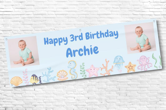 Boy's Personalised Blue Sea Life Twin Photo Birthday Banner