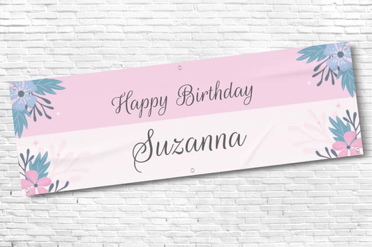 Ladies and Girl's Personalised Pink Stripe Floral Birthday Banner