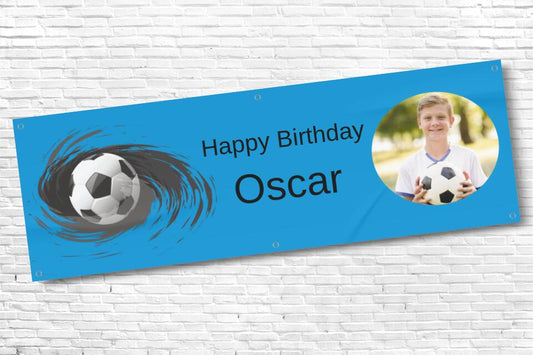 Men's and Boy's Personalised Blue Football Photo Birthday Banner