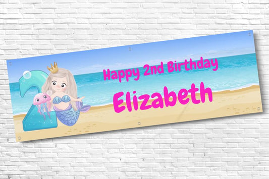 Girl's Personalised Beach Mermaid 2nd Birthday Banner