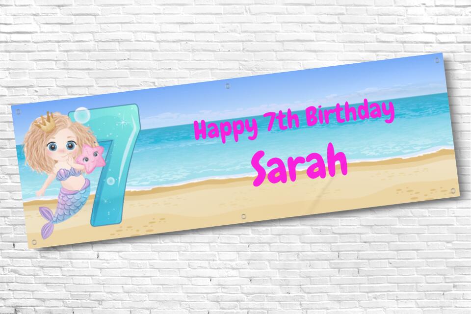 Girl's Personalised Beach Mermaid 7th Birthday Banner