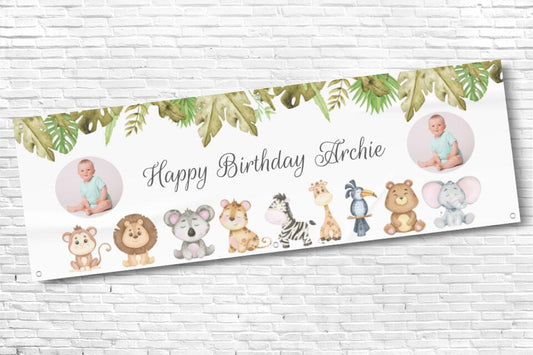 Boy's and Girl's Personalised Wild Animals Twin Photo Birthday Banner