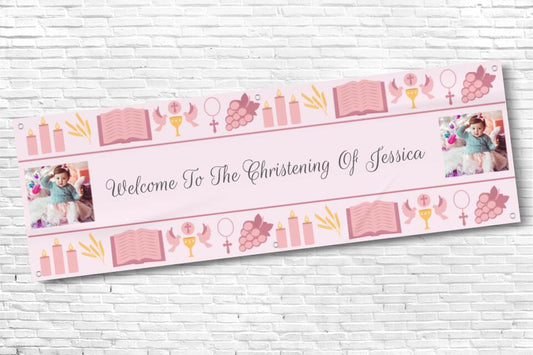 Girl's Personalised Pink Twin Photo Ceremony Banner