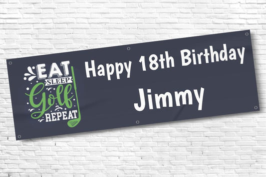 Men's Personalised Eat Sleep Golf Repeat 18th Milestone Birthday Banner