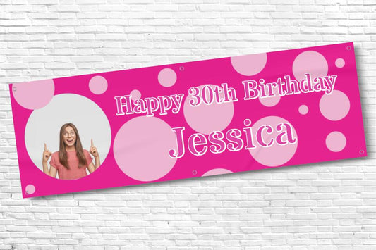 Ladies Pink Circle Birthday Banner with any name and photo