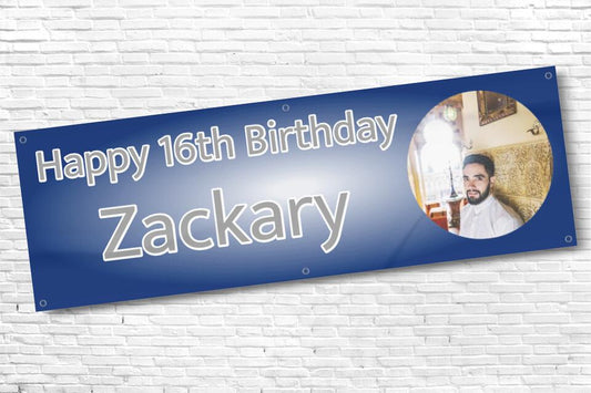 Boy's Personalised Blue Fade Photo 16th Milestone Birthday Banner