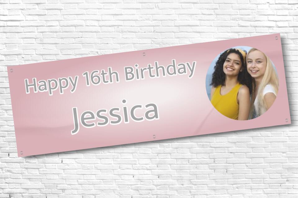Girl's Personalised Pink Fade Photo 16th Milestone Birthday Banner