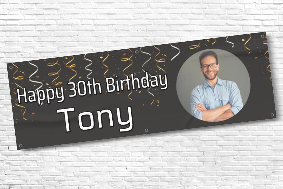 Men's Personalised Black Streamer Photo 30th Milestone Birthday Banner