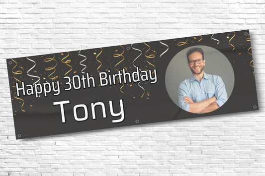 Men's Personalised Black Streamer Photo 30th Milestone Birthday Banner